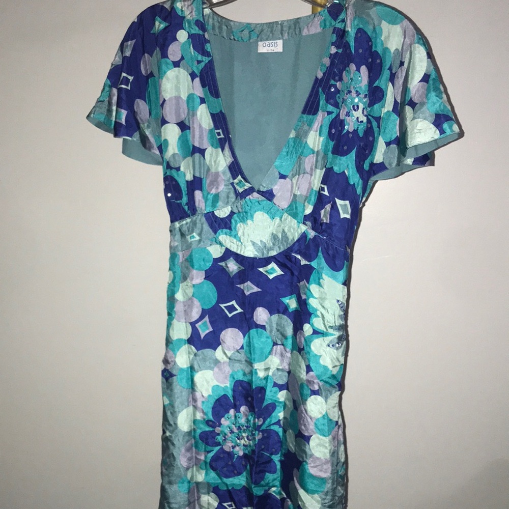 Y2K Oasis Blue Floral V-Neck Women's Dress w/Embellishments